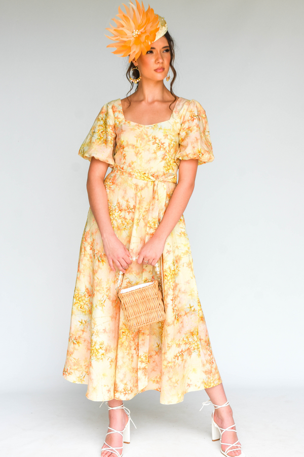 Bluebell Orange Floral Midi Dress | 100% Linen