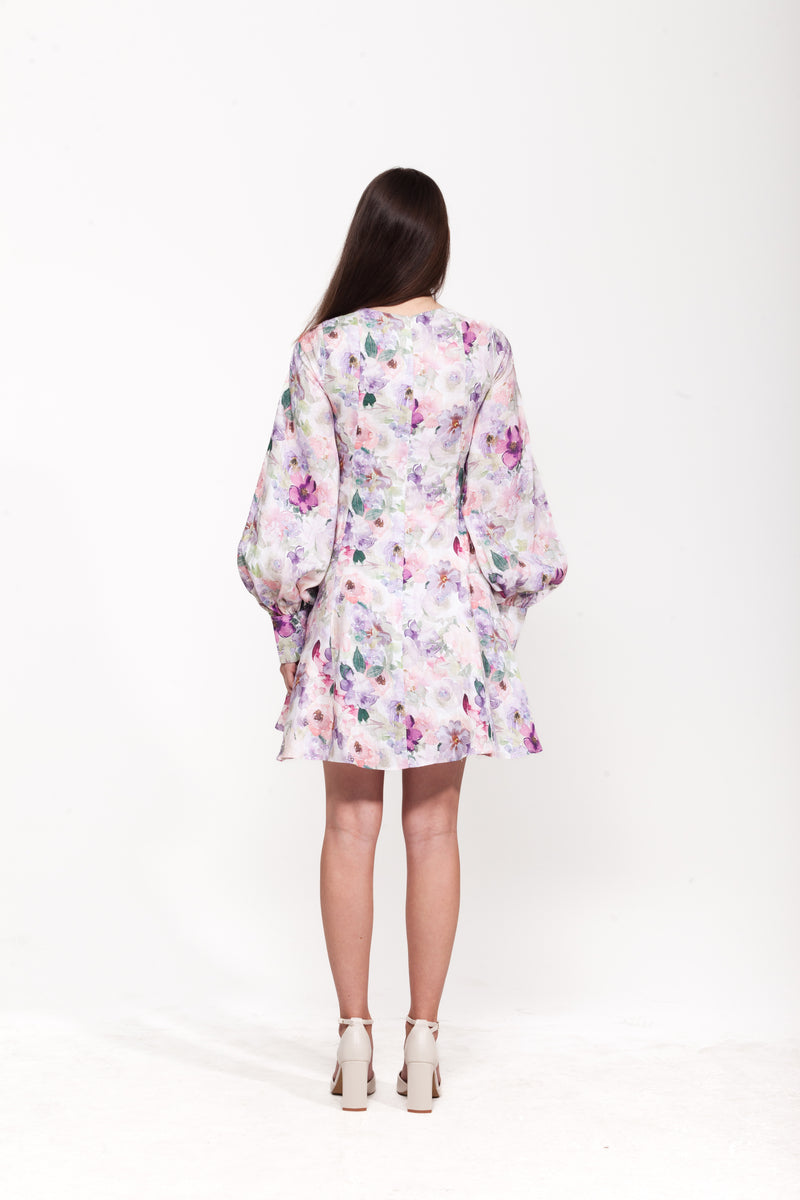 Sweetpea Purple Floral Longsleeved Mini Dress | 100% Linen