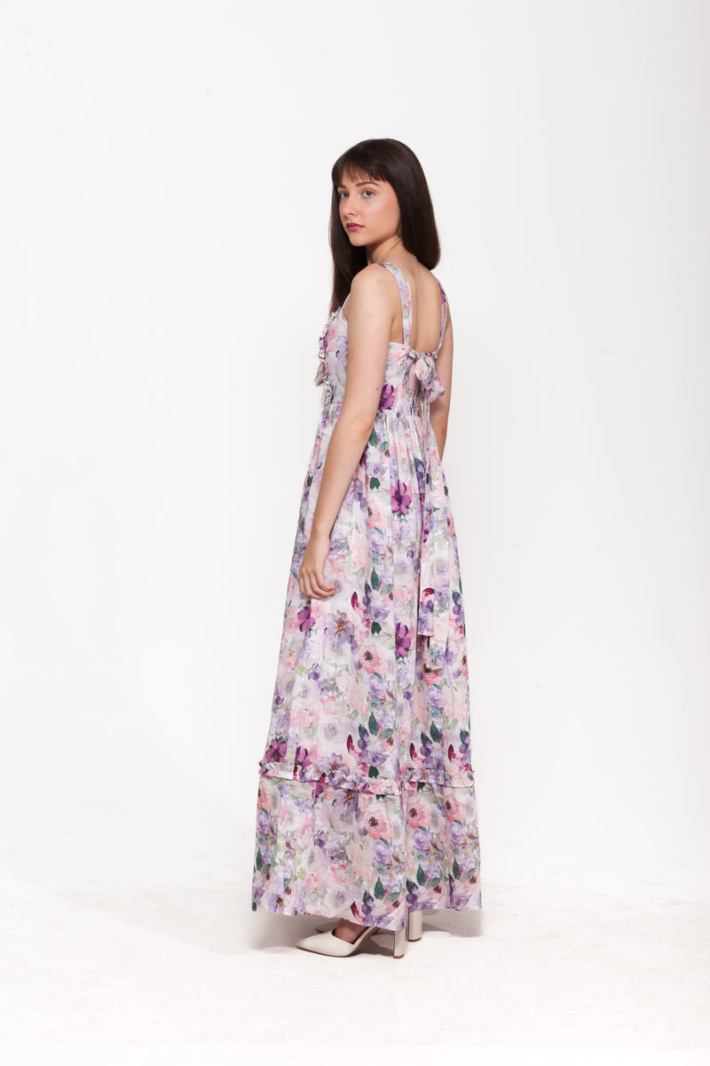 Camellia Purple Floral Maxi Dress | 100% Linen