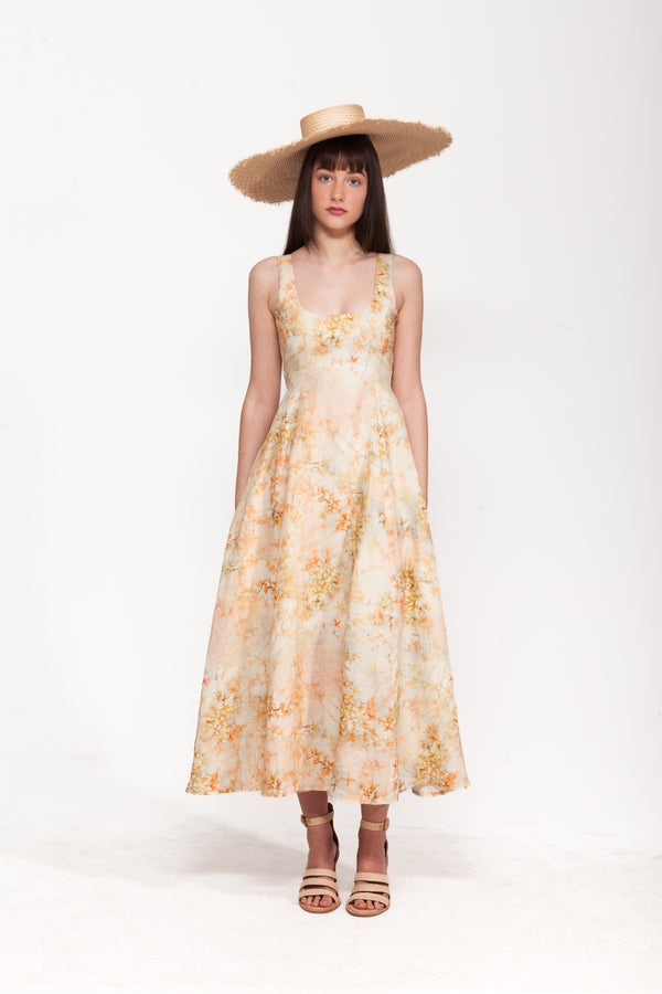 Honeysuckle Orange Floral Midi Dress | 100% Linen