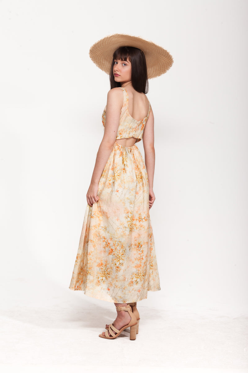Honeysuckle Orange Floral Midi Dress | 100% Linen