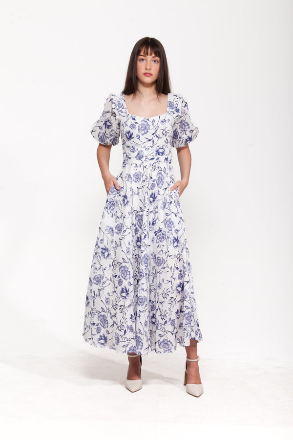 Bluebell Blue Floral Midi Dress | 100% Linen