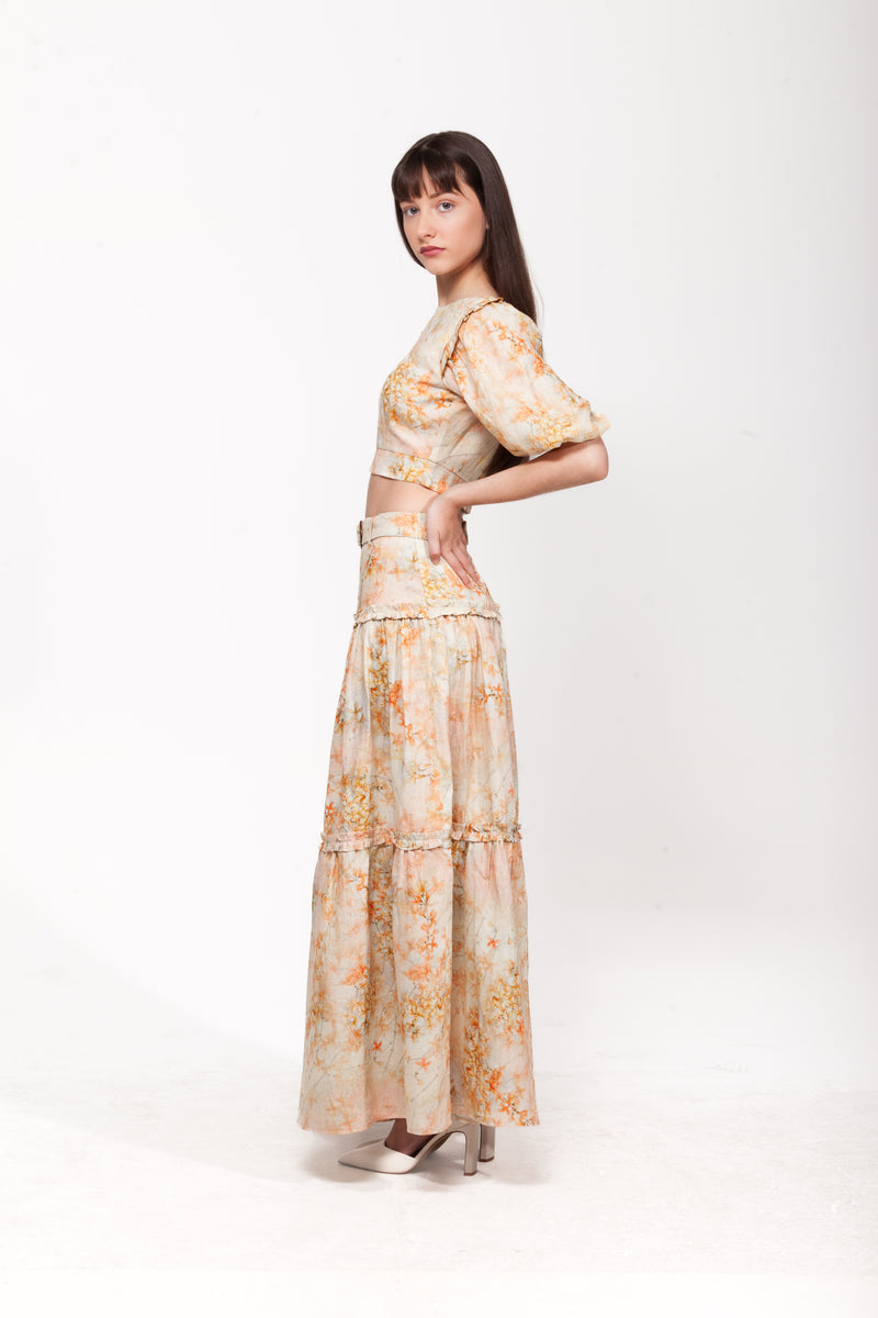 Azalea Orange Floral Maxi Skirt | 100% Linen