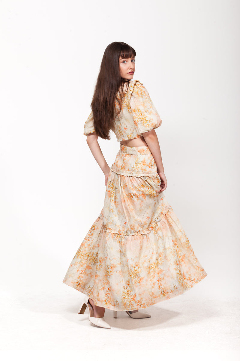Azalea Orange Floral Maxi Skirt | 100% Linen