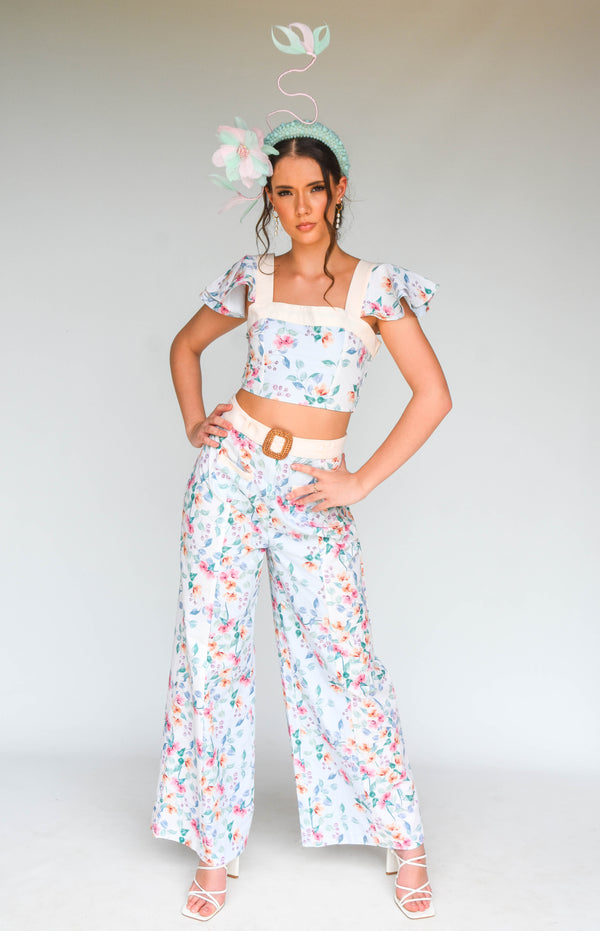 Daffodil Floral Wide Leg Pants with Belt | Organic Cotton