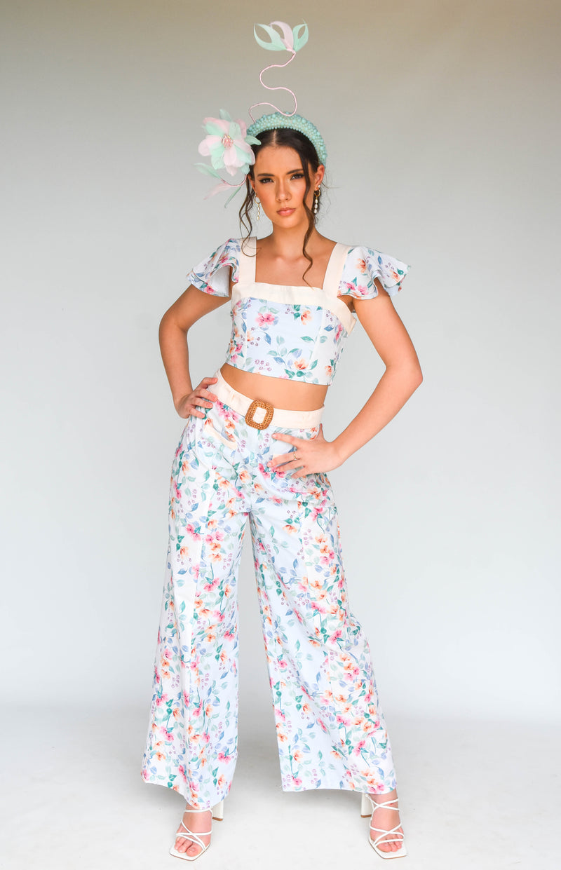 Daffodil Floral Wide Leg Pants with Belt | Organic Cotton