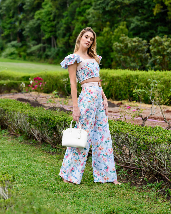 Daffodil Floral Wide Leg Pants with Belt | Organic Cotton